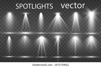 Searchlight collection for stage lighting, light transparent effects. Bright beautiful lighting with spotlights.