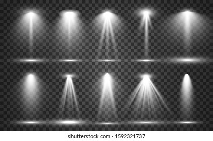 Searchlight collection for stage lighting, light transparent effects. Bright beautiful lighting with spotlights.