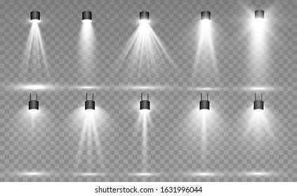Searchlight collection for stage lighting, light transparent effects. Bright beautiful lighting with spotlights.