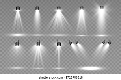 Searchlight collection for stage lighting, light transparent effects. Bright beautiful lighting with spotlights.