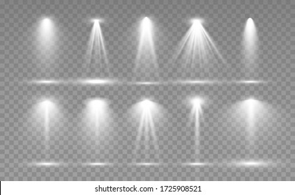 Searchlight collection for stage lighting, light transparent effects. Bright beautiful lighting with spotlights.