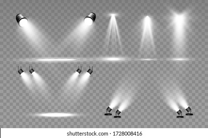 Searchlight collection for stage lighting, light transparent effects. Bright beautiful lighting with spotlights.