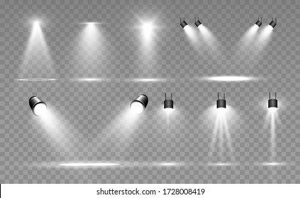 Searchlight collection for stage lighting, light transparent effects. Bright beautiful lighting with spotlights.