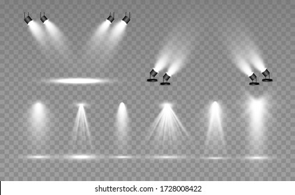 Searchlight collection for stage lighting, light transparent effects. Bright beautiful lighting with spotlights.