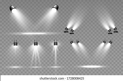 Searchlight collection for stage lighting, light transparent effects. Bright beautiful lighting with spotlights.