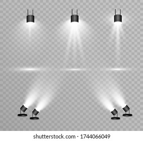 Recogida de focos para la iluminación del escenario, efectos transparentes claros. Luces luminosas y bonitas con focos.