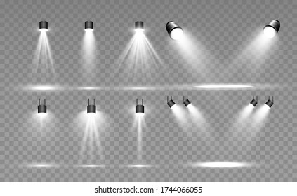 Searchlight collection for stage lighting, light transparent effects. Bright beautiful lighting with spotlights.