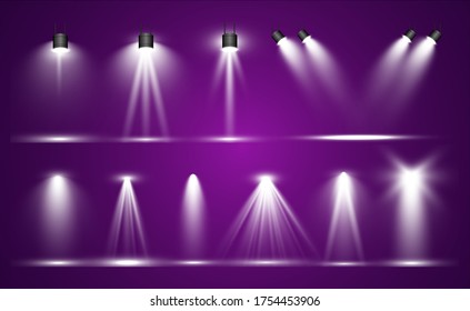 Recogida de focos para la iluminación del escenario, efectos transparentes claros. Luces luminosas y bonitas con focos.