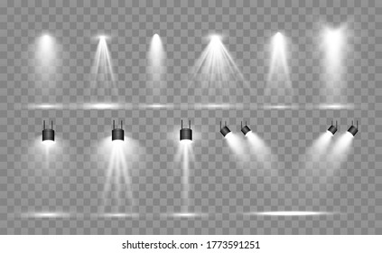 Searchlight collection for stage lighting, light transparent effects. Bright beautiful lighting with spotlights.