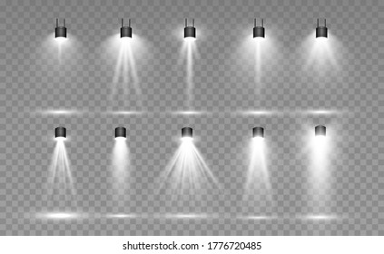 Searchlight collection for stage lighting, light transparent effects. Bright beautiful lighting with spotlights.