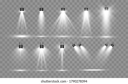 Searchlight collection for stage lighting, light transparent effects. Bright beautiful lighting with spotlights.