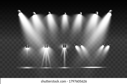 Searchlight collection for stage lighting, light transparent effects. Bright beautiful lighting with spotlights.