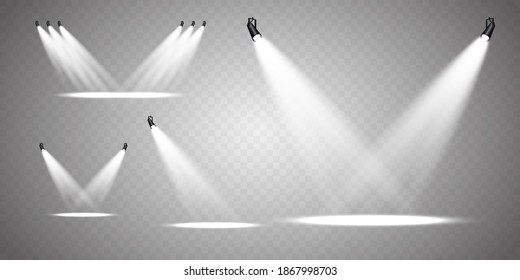 Searchlight collection for stage lighting, light transparent effects. Bright beautiful lighting with spotlights.