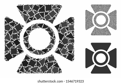 Searchlight composition of joggly elements in different sizes and color tinges, based on searchlight icon. Vector uneven elements are composed into collage.
