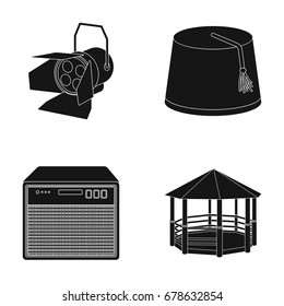 Searchlight, fez and other web icon in black style. speaker, arbor icons in set collection.