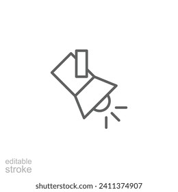 Icono de la luz de búsqueda. Estilo de contorno simple. Luz de foco, proyector de luz escénica, luz de inundación, luz de pista, concepto de teatro. Símbolo de línea delgada. Ilustración vectorial aislada. Trazo editable.