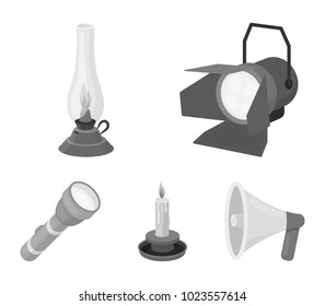 Searchlight, kerosene lamp, candle, flashlight.Light source set collection icons in monochrome style vector symbol stock illustration web.