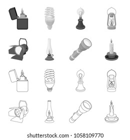 Searchlight, kerosene lamp, candle, flashlight.Light source set collection icons in outline,monochrome style vector symbol stock illustration web.