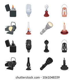 Searchlight, kerosene lamp, candle, flashlight.Light source set collection icons in black,cartoon style vector symbol stock illustration web.