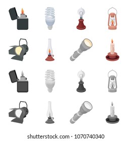Searchlight, kerosene lamp, candle, flashlight.Light source set collection icons in cartoon,monochrome style vector symbol stock illustration web.
