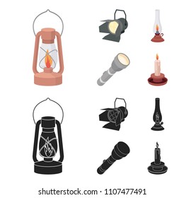 Searchlight, kerosene lamp, candle, flashlight.Light source set collection icons in cartoon,black style vector symbol stock illustration web.