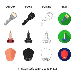 Searchlight, kerosene lamp, candle, flashlight.Light source set collection icons in cartoon,black,outline,flat style vector symbol stock illustration web.