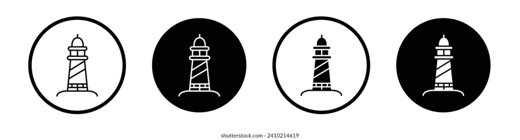 Searchlight tower icon set. Light house vector symbol in a black filled and outlined style. Searching light tower sign.