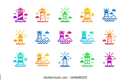 Searchlight tower with seagull for marine navigation of ships. Lighthouse icons. Sea pharos, lighthouse or beacon icons. Classic set. Gradient patterns. Quality signs set. Vector