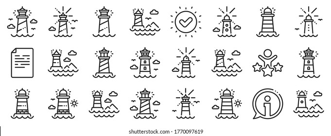 Searchlight tower with seagull for marine navigation of ships. Lighthouse line icons. Sea pharos, lighthouse or beacon icons. Ocean waves, nautical building, marine house. Vector