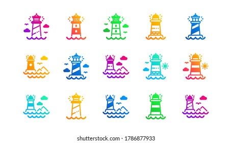 Searchlight tower with seagull for marine navigation of ships. Lighthouse icons. Sea pharos, lighthouse or beacon icons. Classic set. Gradient patterns. Quality signs set. Vector