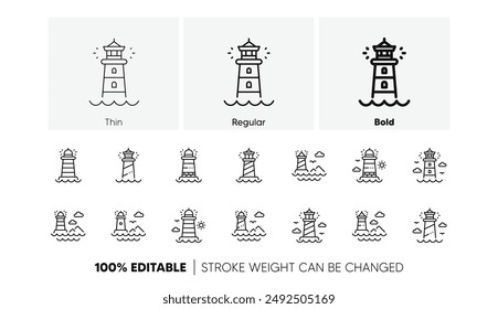 Searchlight tower with seagull for marine navigation of ships. Lighthouse line icons. Sea pharos, lighthouse or beacon icons. Linear set. Line icons set. Vector