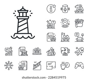 Searchlight tower sign. Floor plan, stairs and lounge room outline icons. Lighthouse line icon. Beacon symbol. Lighthouse line sign. House mortgage, sell building icon. Real estate. Vector