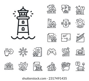 Searchlight tower sign. Floor plan, stairs and lounge room outline icons. Lighthouse line icon. Beacon symbol. Lighthouse line sign. House mortgage, sell building icon. Real estate. Vector