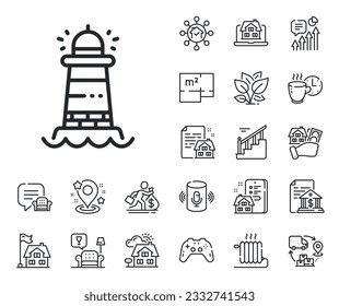 Searchlight tower sign. Floor plan, stairs and lounge room outline icons. Lighthouse line icon. Beacon symbol. Lighthouse line sign. House mortgage, sell building icon. Real estate. Vector