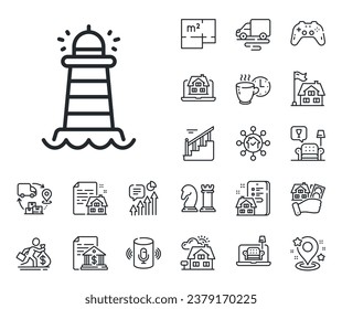 Searchlight tower sign. Floor plan, stairs and lounge room outline icons. Lighthouse line icon. Beacon symbol. Lighthouse line sign. House mortgage, sell building icon. Real estate. Vector