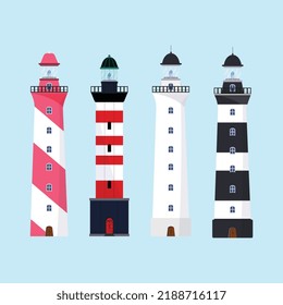 Searchlight towers of different types in flat design. 