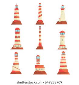 Searchlight towers for maritime navigational guidance set. Collection of lighthouses vector Illustrations