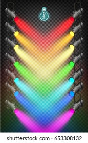 Searchlights, spotlights scenes or platforms at Carnival Mardi gras.Lighting in color pride in vector isolated on transparent background.EPS 10