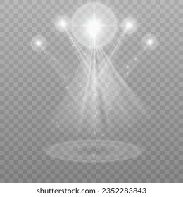 Searchlights. Stage light with bright beams for presentation illuminated by spotlights. Vector illustration.