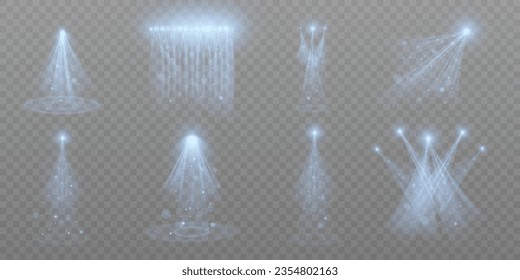 Searchlights. Stage light with bright beams for presentation illuminated by spotlights. Vector illustration.