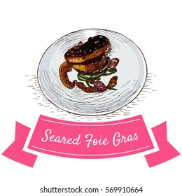 Seared Foie Gras colorful illustration. Vector illustration of French cuisine.