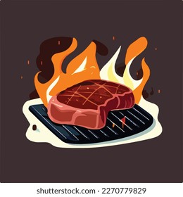 Searing BBQ steak, meat, pork on grill. Summer American barbecue. Flat vector illustration concept