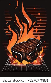 Searing BBQ steak, meat, pork on grill. Summer American barbecue. Flat vector illustration concept
