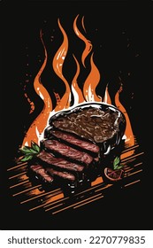 Searing BBQ steak, meat, pork on grill. Summer American barbecue. Flat vector illustration concept