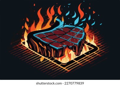 Searing BBQ steak, meat, pork on grill. Summer American barbecue. Flat vector illustration concept