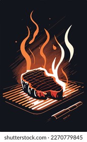 Searing BBQ steak, meat, pork on grill. Summer American barbecue. Flat vector illustration concept