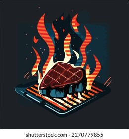 Searing BBQ steak, meat, pork on grill. Summer American barbecue. Flat vector illustration concept