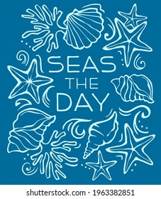 Seas the Day pun with tropical seashell beach motifs