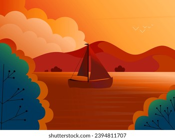 Seascape abstract art background. Vector illustration of a sunset with a sailing boat. Design element for banner, flyer, card, sign template.