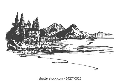 Seascape against the backdrop of the mountains. Hand drawn illustration.